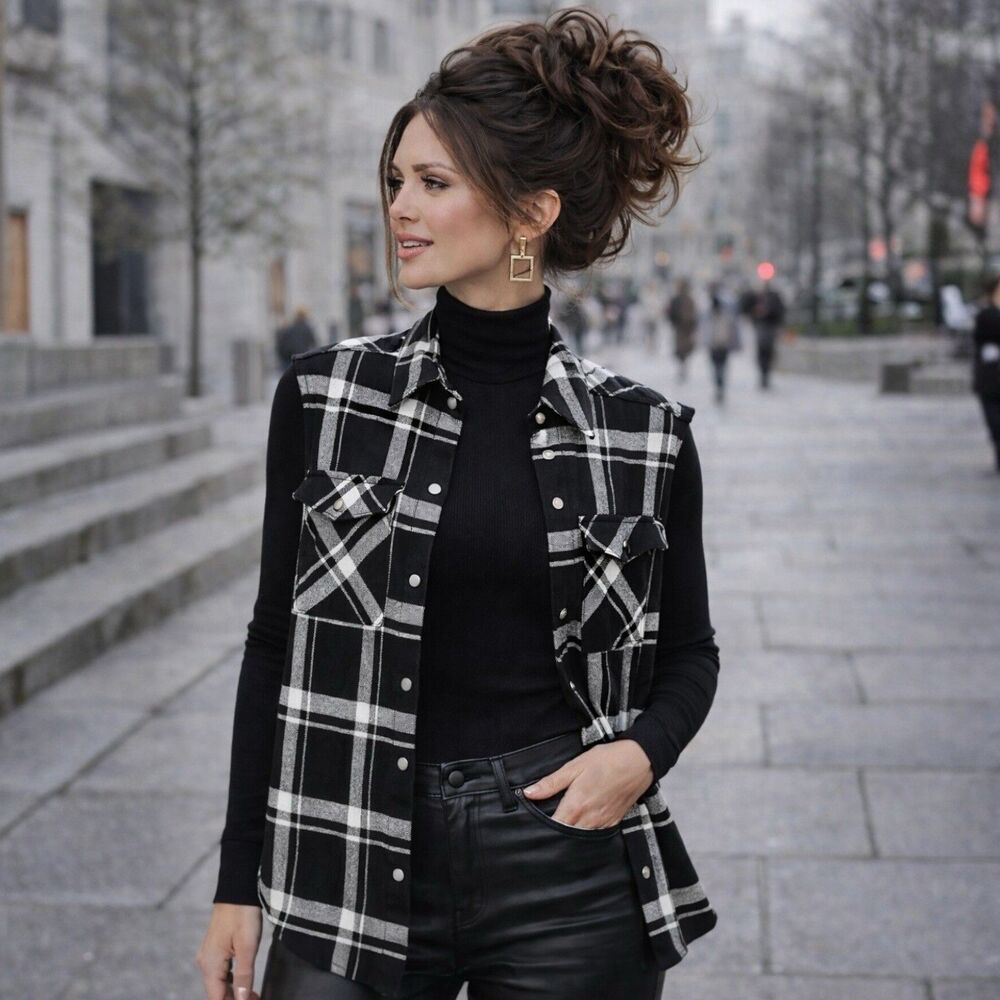 Oat Plaid Wool Blend Snap‎ Button Vest Layering - Picture 4 of 13